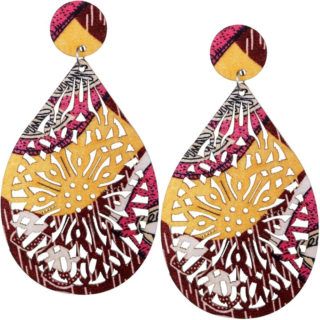 Yellow Pink Evil Eye Wooden Earrings